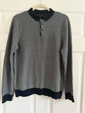Brave Soul Black & White Crewneck Knit Polo Sweater Size M Cotton